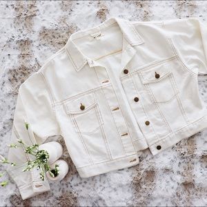 Cropped White Denim Jacket with Bronze Accents